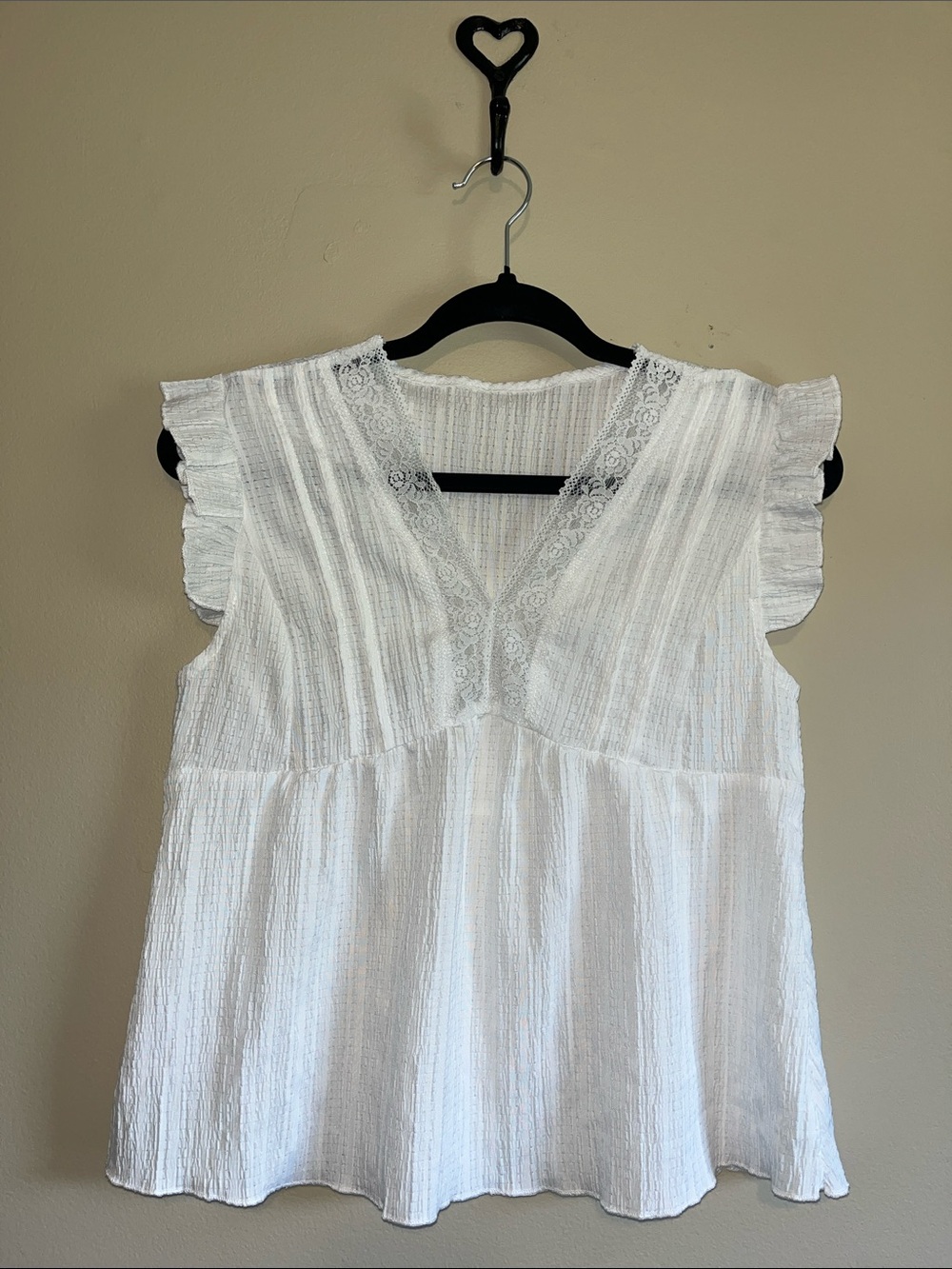 White Lace-Trim Flutter Sleeve Blouse